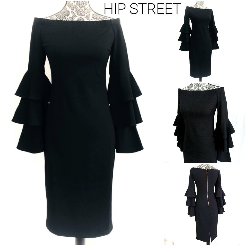 PREMIER AMOUR Triple Ruffle Long Sleeve Shoulder Edge Stretch Sheath Dress 6